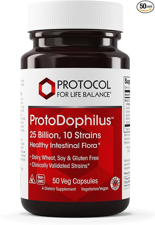PROTOCOL FOR LIFE BALANCE Proto Dophilus 25 Billion 10 Strains - Support Digestive Gut Health Immune System & Detox - Dairy, Wheat, Soy & Gluten Free - Vegan & Nut Free - 50 Veg Capsules