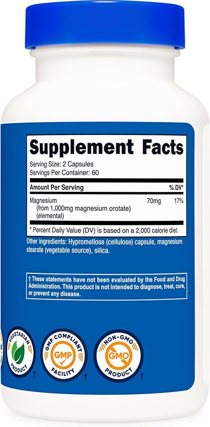 Nutricost Magnesium Orotate Capsules 1000mg, 120 Caps - 60 Servings, 500mg Per Capsule, Non-GMO, Gluten Free