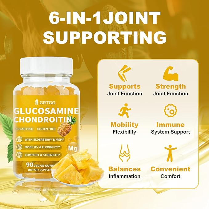 Glucosamine Chondroitin Gummies with MSM & Elderberry Extra Strength 3000MG - Joint Support, Antioxidant Immune Support Supplement for Adults, Men & Women - 90 Pineapple Gummies