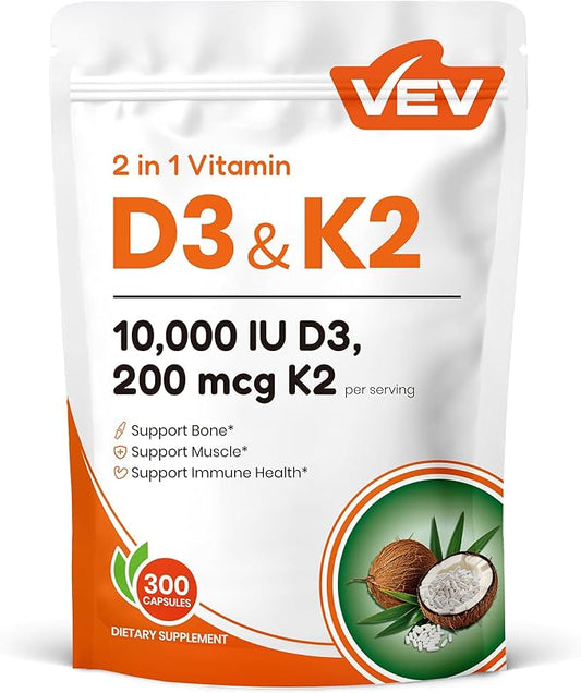 VEV Vitamin D3 K2, 10,000 IU D3, 200mcg K2 (with MK7) Corefeel, Supports Bone and Teeth Health, Dual Nutrient Support for Daily Wellness, Easy to Swallow – 300 Capsules