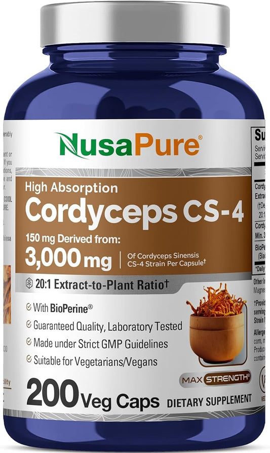 NusaPure Cordyceps 20:1 Extract, 150 mg Equivalent to 3,000mg 200 Veggie Capsules (Sinensis CS-4, Non-GMO, Vegan) Bioperine