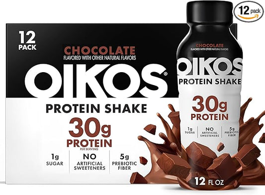Oikos Protein Shake, Chocolate, 30g High Protein Drinks, Shelf Stable, Ready to Drink, 5g Prebiotic Fiber, 12 fl oz Bottle, 12 Count