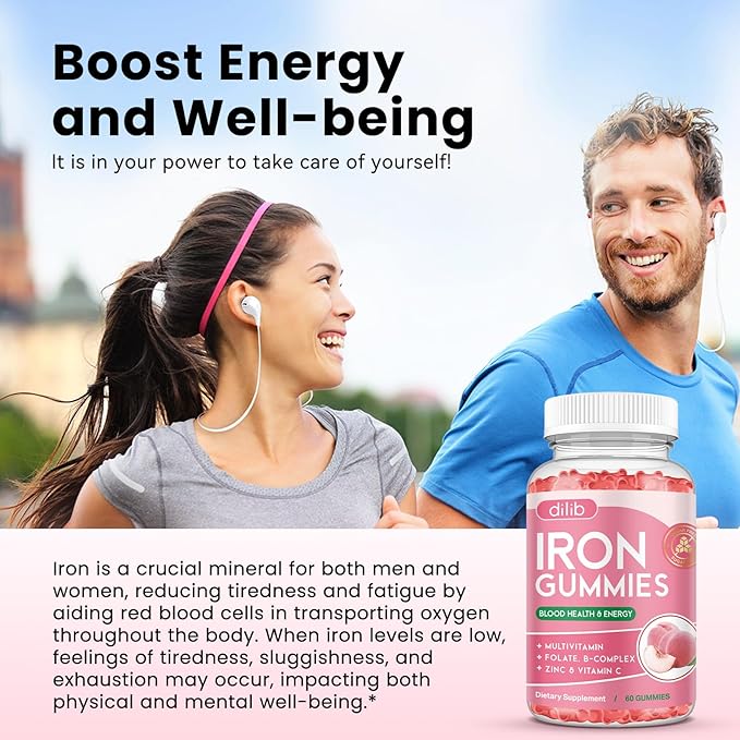 Iron Gummies with Multivitamin, Iron Supplement for Women & Men, Kids Multivitamin with Zinc, Vitamin B Complex & C, B12, Folate - Blood Builder, Energy Support, Peach Flavor, Vegan 120 Gummies