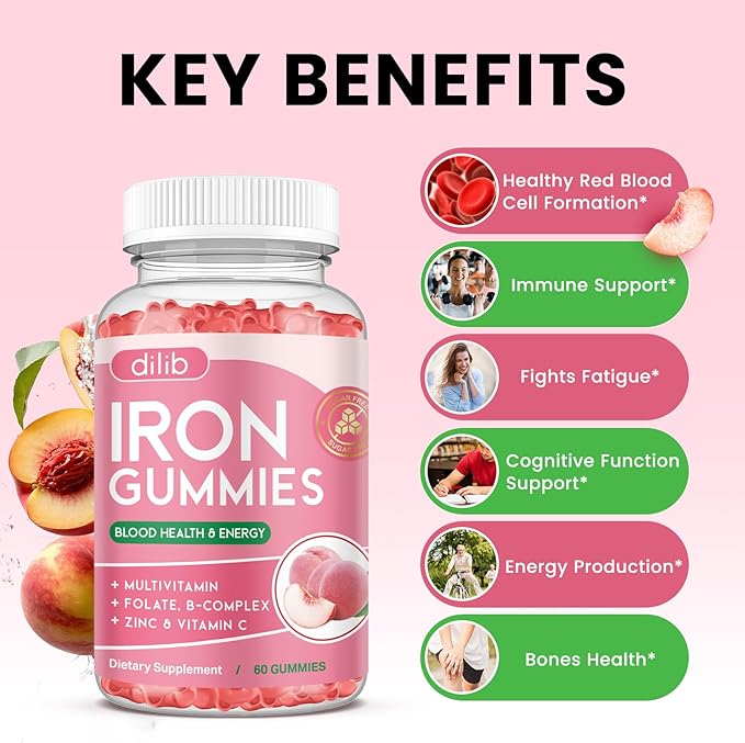 Iron Gummies with Multivitamin, Iron Supplement for Women & Men, Kids Multivitamin with Zinc, Vitamin B Complex & C, B12, Folate - Blood Builder, Energy Support, Peach Flavor, Vegan 120 Gummies