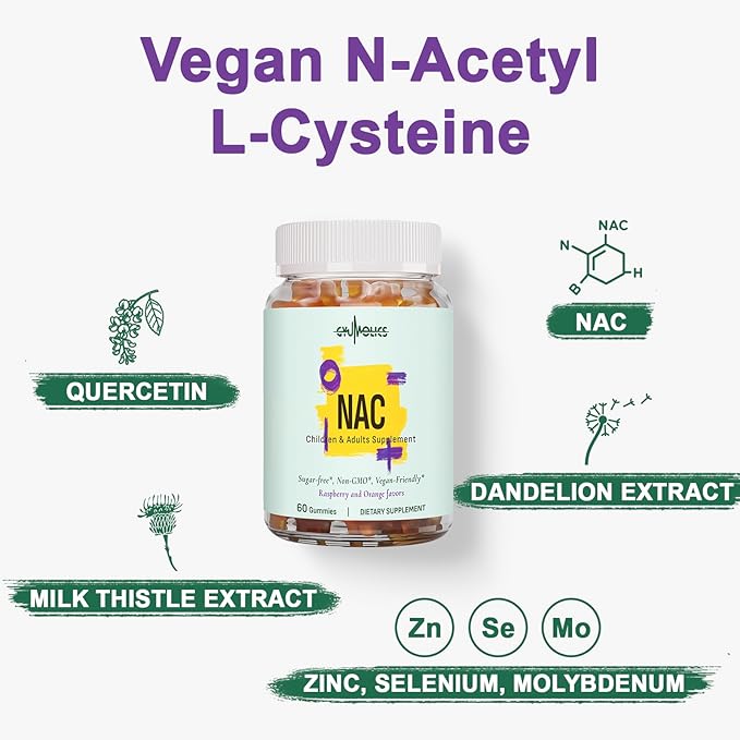 NAC Supplement 1000mg for Adults & 500mg for Kids, N-Acetyl Cysteine Ethyl Ester Gummies, Synergistic Antioxidant, Vegan, Sugar-Free 60 Gummies