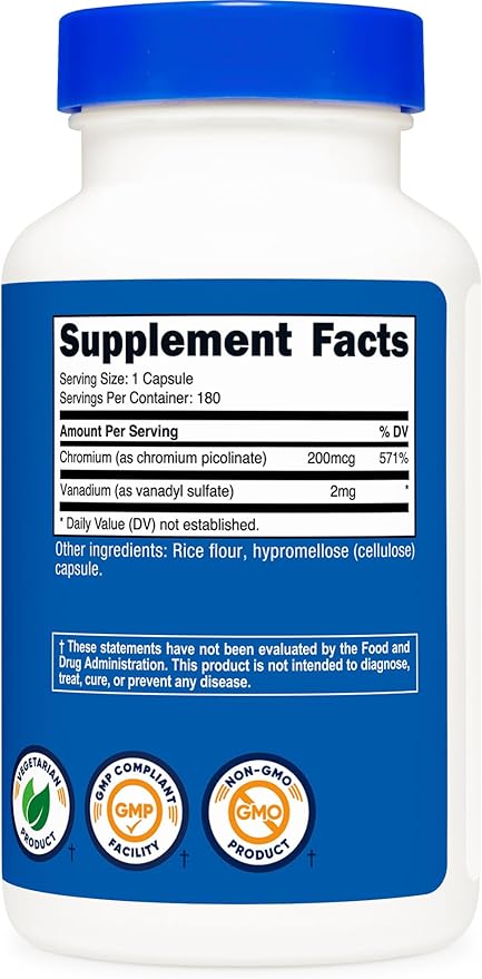 Nutricost Vanadium + Chromium 2mg 180 Vegetarian Capsules - Gluten Free, Non-GMO - Vanadium Supplement