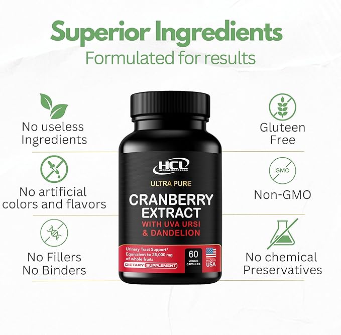 Cranberry Extract Pills - Super Strength 50:1 Whole Fruit Concentrate Equals to 25,000mg of Fresh Cranberries Plus Dandelion & Uva Ursi - Natural UTI Support - Kidney Cleanse & Urinary Tract Health