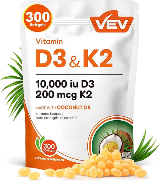 VEV Vitamin D3 K2 10000 IU, 300 Coconut Oil Softgels, Corefeel 2 in 1 Vitamins Supplement D & K (Include MK7), Easy to Swallow, Supports Calcium Absorption, Bone Healthh