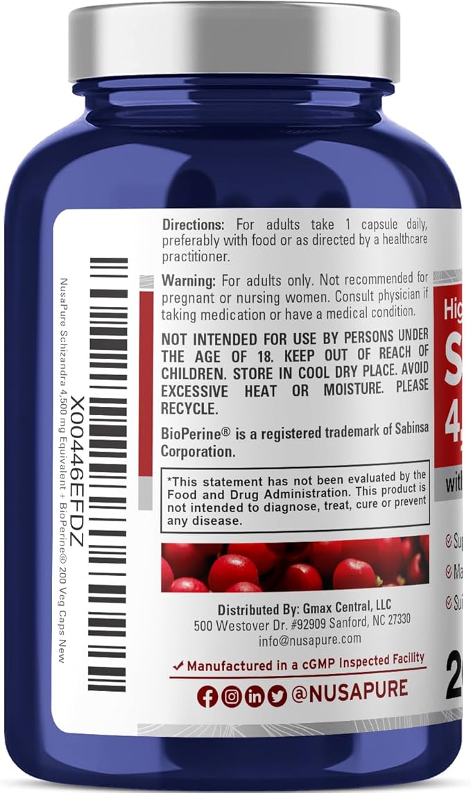 NusaPure Schizandra Berries 20:1 Extract, 225 mg Equivalent to 4500mg, 200 Vegan Capsules (Non-GMO, Bioperine)