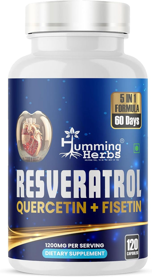 Resveratrol Supplement 1200mg – 5-in-1 Formula with Quercetin, Fisetin, Spermidine & Vitamin D3 – Cardiovascular & Wellness Support – 120 Capsules