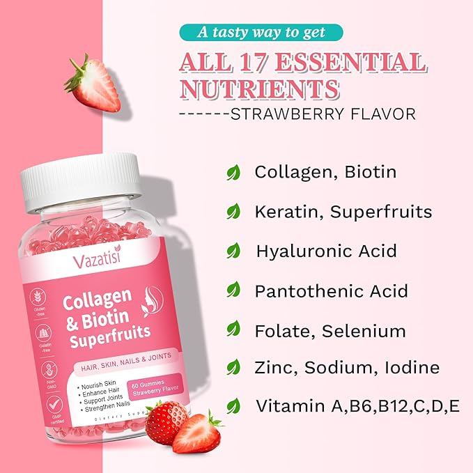 2 Pack Sugar Free Collagen Gummies for Women Men, Multi Collagen Peptides Gummies Type I II III V X with Biotin Vitamin A B C D E for Hair Skin Nails, Strawberry Flavor, 120 Count