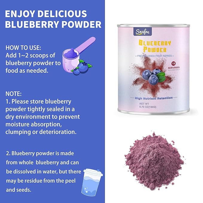 Blueberry Powder, 6.7OZ Freeze Dried Blueberry Pow der, Freeze Dried Fruit Powder, No Sugar & Additives, Great for Oatmeal, Cereal, Yogurt, Ice Cream, Pudding, Cookies, Cakes