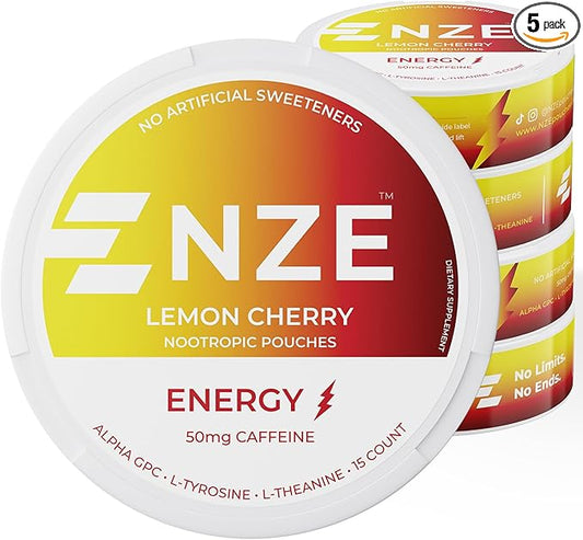 NZE Caffeine Nootropic Pouches (Lemon Cherry) - Energy Pouches with 50mg Caffeine, Alpha GPC, L-Tyrosine & L-Theanine No Sugar or Artificial Sweeteners - 15 Nicotine Free Pouches Per Can - 5 Pack