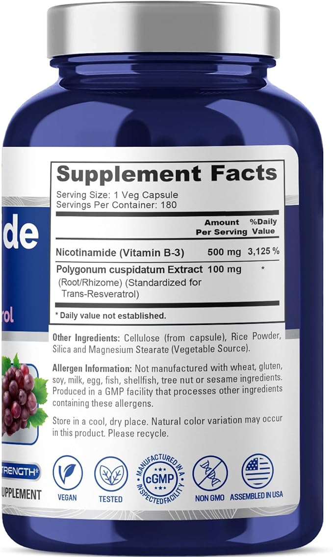 NusaPure Nicotinamide with Resveratrol (Vitamin B-3) 500 mg - 180 Vegetarian Caps (Non-GMO & Vegan)