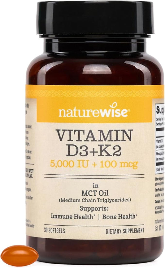 NatureWise Vegan Vitamin D3 + K2 with Organic Coconut MCT Oil - Organic D3 5000IU + Natural K2 100mcg - High Absorption Bone Support - Soy & Gluten Free - USA Manufactured - 30 Softgels[30-Day Supply]