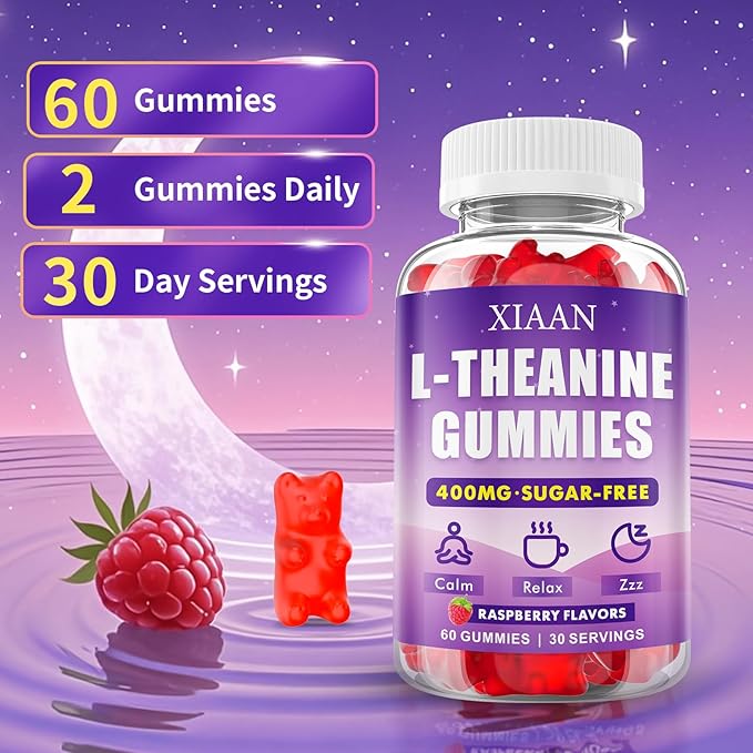 L-Theanine Gummies for Kids & Adults, L'Theanine 400mg Chewable L Theanine Supplement for Calm, Zzz & Relaxation Support, Vegan, Organic, Raspberry Flavor, 120 Counts