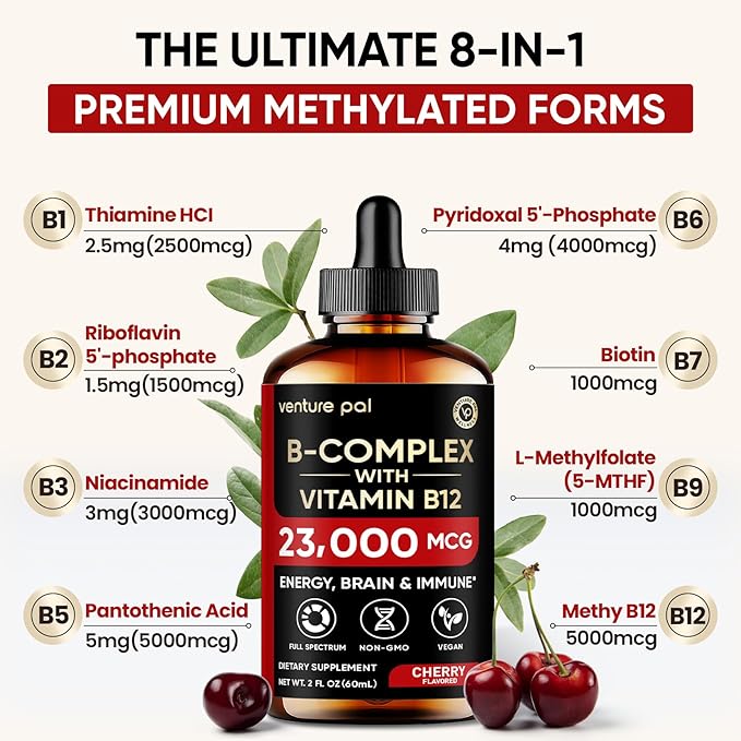 Venture Pal 11-in-1 Vitamin B Complex Liquid Drops, B12 Methylcobalamin | B9 Folic | B1,B2,B3,B5,B6,B7 - Vitamin C, Choline, Inositol, Immune & Energy Metabolism, Brain & Heart Support