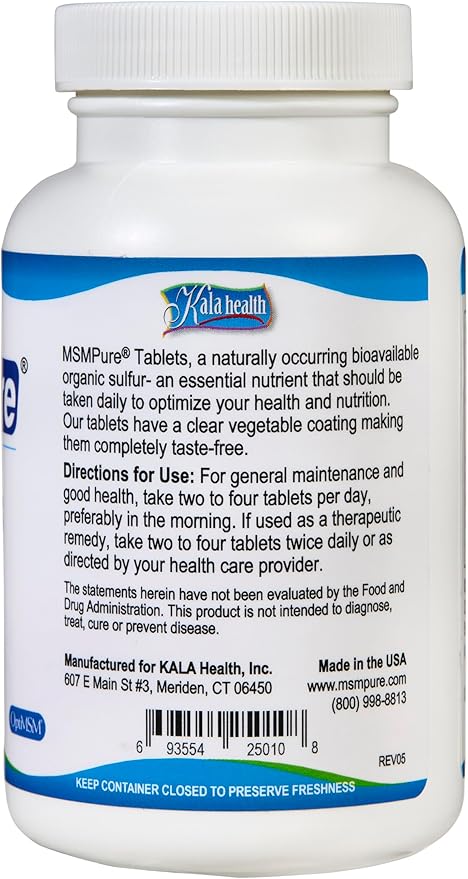 KALA HEALTH MSMPure MSM Tablets – 1,000 mg US-Made MSM per Tablet for Joint Health, Skin Appearance, Hair & Nail Support – Coated for Easy Swallowing, Tasteless – 120 Count