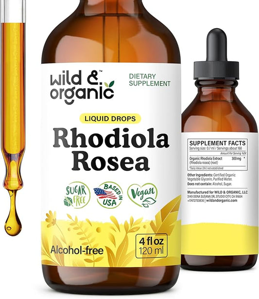 Wild & Organic Rhodiola Rosea Tincture - Rhodiola Rosea Supplement for Mood Support - Relaxing Root Extract Liquid Drops - Vegan, Sugar & Alcohol-Free - 4 fl oz