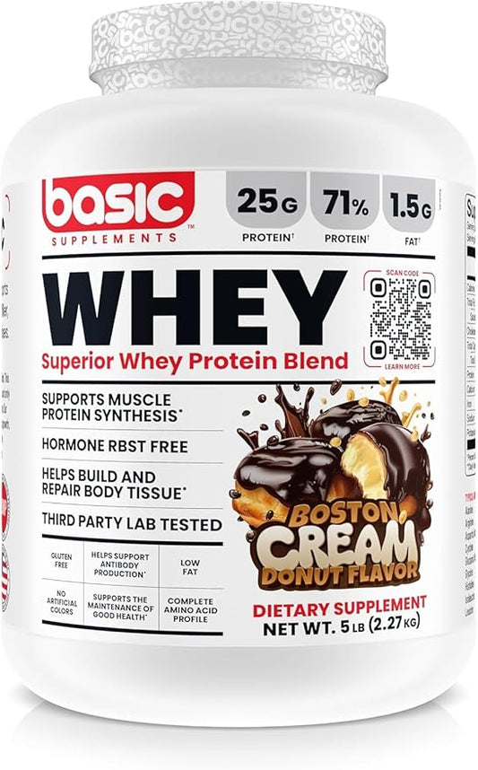 Whey Protein Powder, 25g Protein, Complete Amino Acid Profile, Gluten-Free, Low Fat, RBST-Free, Supports Muscle Recovery & Antibody Health (5 Pound, Boston Cream Donut)