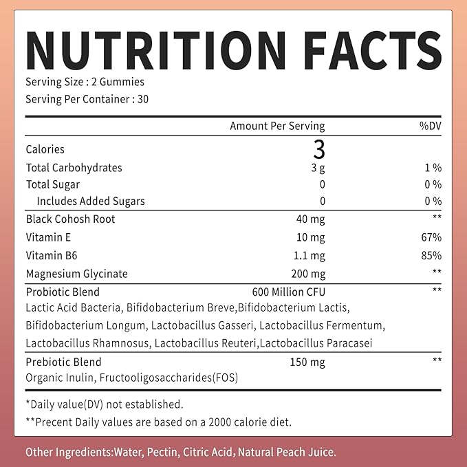 Black Cohosh Menopause and Menstrual Gummies with Magnesium, Vitamin E, Probiotic & Prebiotic - Hot Flashes* and Night Sweats* Relief Supplements - Vegan, Peach Flavored, 60 Counts
