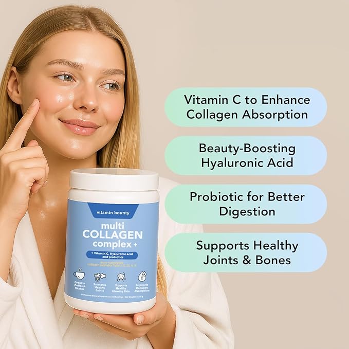 Vitamin Bounty Multi Collagen Complex Plus Powder - 5 Types of Hydrolyzed Collagen Peptides for Women & Men Skin, Hair, Joints & Gut Health w/Vitamin C, Hyaluronic Acid & Probiotics | 50 Servings
