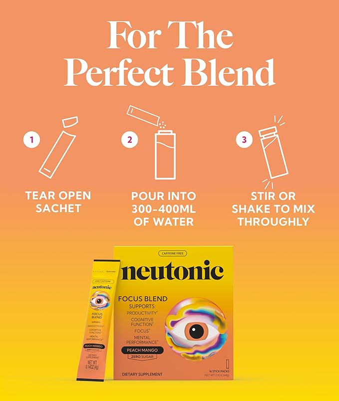 Neutonic Nootropic Focus Blend Powder | Peach Mango 16 Sticks | Caffeine Free, Zero Sugar | Support Memory, Mental Clarity, Cognitive Function | Boost Focus, Energy, Brain Health