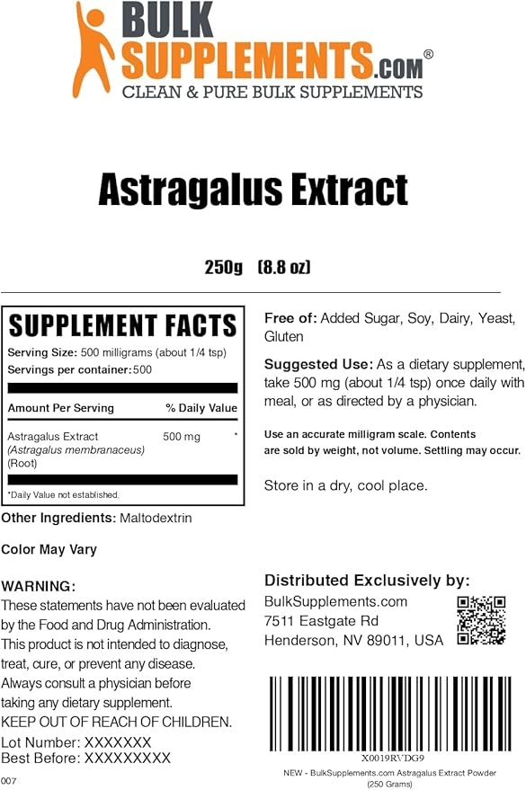 BulkSupplements.com Astragalus Extract Powder - Astragalus Root Powder, Herbal Supplement - Vegan & Gluten Free, 500mg per Serving, 250g (8.8 oz) (Pack of 1)