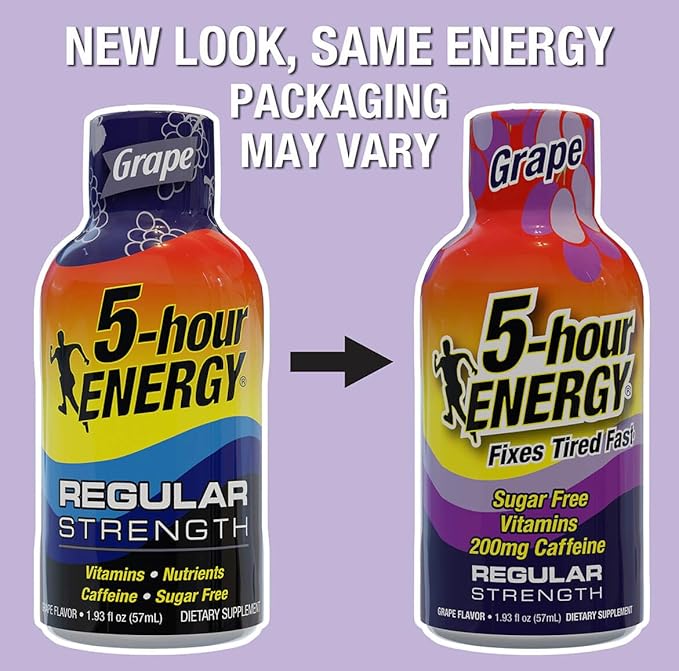 5-hour ENERGY Regular Strength Grape Energy Shot 1.93oz, 20-Pack – Sugar Free Caffeine Energy Booster with B-Vitamins & Amino Acids – Zero Calorie