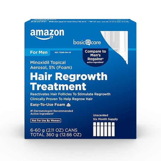 Amazon Basic Care Minoxidil Topical Aerosol, 5% Foam, Hair Regrowth Treatment for Men, 6-month Supply, Unscented, 2.11 oz (Pack of 6)