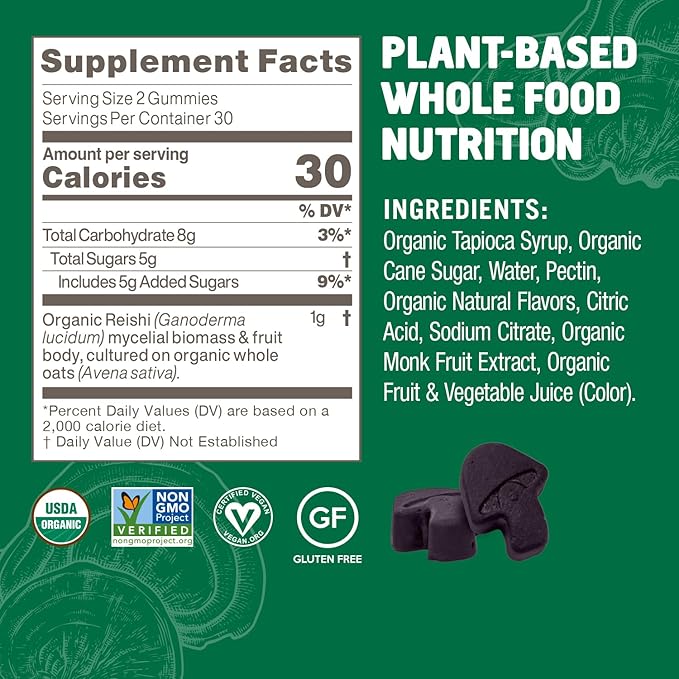 OM MUSHROOM SUPERFOOD Reishi Gummies, USA Grown Organic Mushrooms, Supports Immune Health, Balance, & Stress, 60 Count, 30 Servings Gummy Supplements