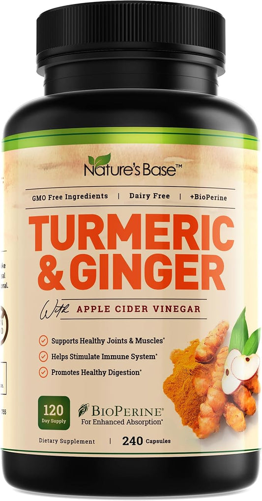 Nature's Base Turmeric and Ginger Supplement - with Curcumin, Apple Cider Vinegar & BioPerine Black Pepper Extract - 95% Curcuminoids - 240 Capsules
