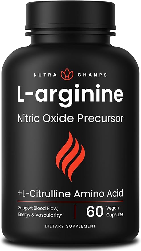 NutraChamps Premium L Arginine Supplement, 5-in-1 Nitric Oxide Supplement, L-Arginine Powder & L Citrulline Enhanced with Grape Seed & Ginger, Energy, Blood Flow, 60 Vegan Capsules