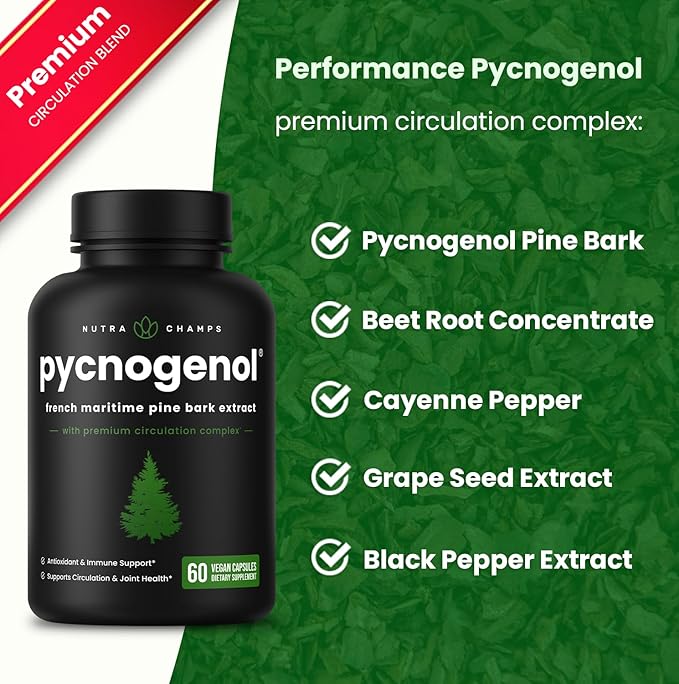 NutraChamps Pycnogenol French Maritime Pine Bark Extract, Premium Circulation Complex, Blood Flow, Nitric Oxide Production, Superior Absorption, Results with Black Pepper Extract, 60 Capsules