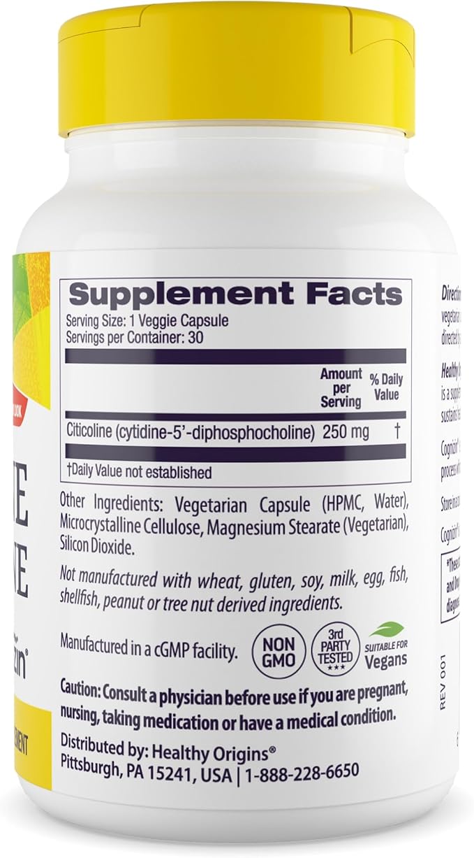 Healthy Origins Cognizin (Citicoline), 250 mg - Brain Supplement for Memory with Citicoline CDP Choline - Non-GMO, Vegan & Gluten-Free Supplement - 30 Veggie Capsules