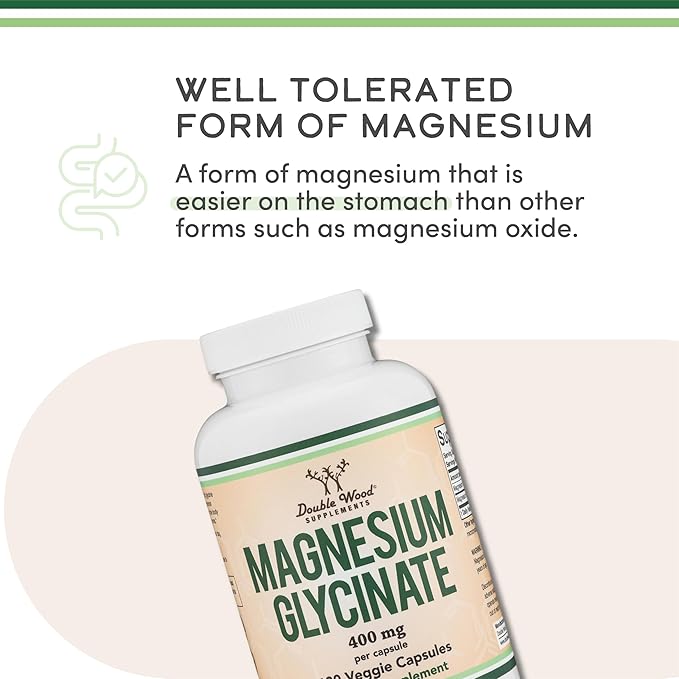 Magnesium Glycinate 400mg, 90 Capsules (Vegan Safe, Third Party Tested, Gluten Free, Non-GMO) High Absorption Magnesium by Double Wood Supplements