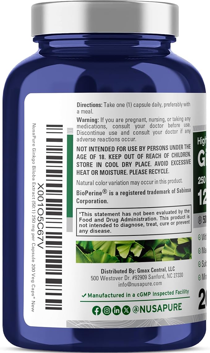 NusaPure Ginkgo Biloba 50:1 Extract, 250 mg Equivalent to 12,500 mg per Veggie Caps 200 Capsules (Vegetarian, Non-GMO, Vegan) Bioperine