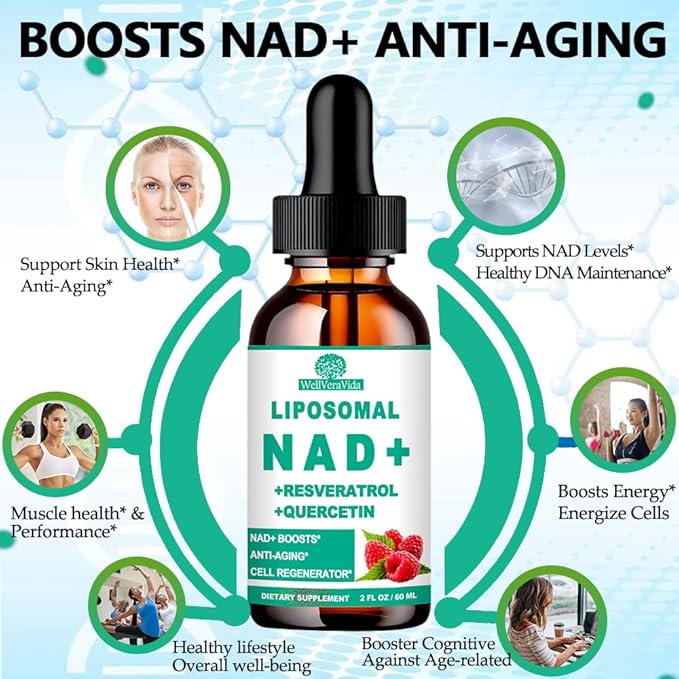 2 Pack NAD+ Supplements for Women & Men, Liposomal NAD+ Nicotinamide Riboside Resveratrol 900mg, TMG, Quercetin, Vitamin B3, Organic Liquid NAD+ Resveratrol Supplement for Longevity