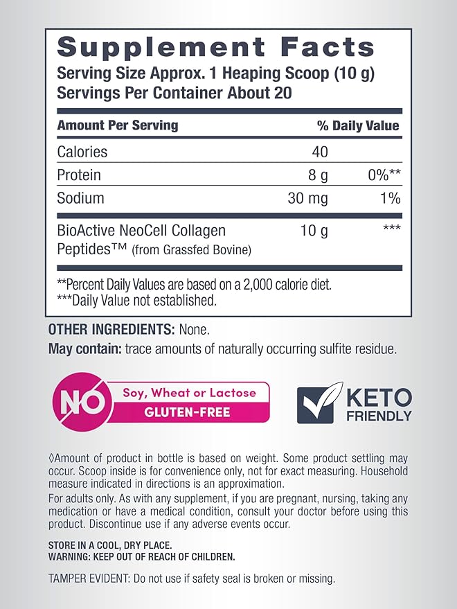 NeoCell Super Collagen Peptides, 10g Collagen Peptides per Serving, Gluten Free, Keto Friendly, Non-GMO, Grass Fed, Healthy Hair, Skin, Nails and Joints, Unflavored Powder, 7 oz., 1 Canister