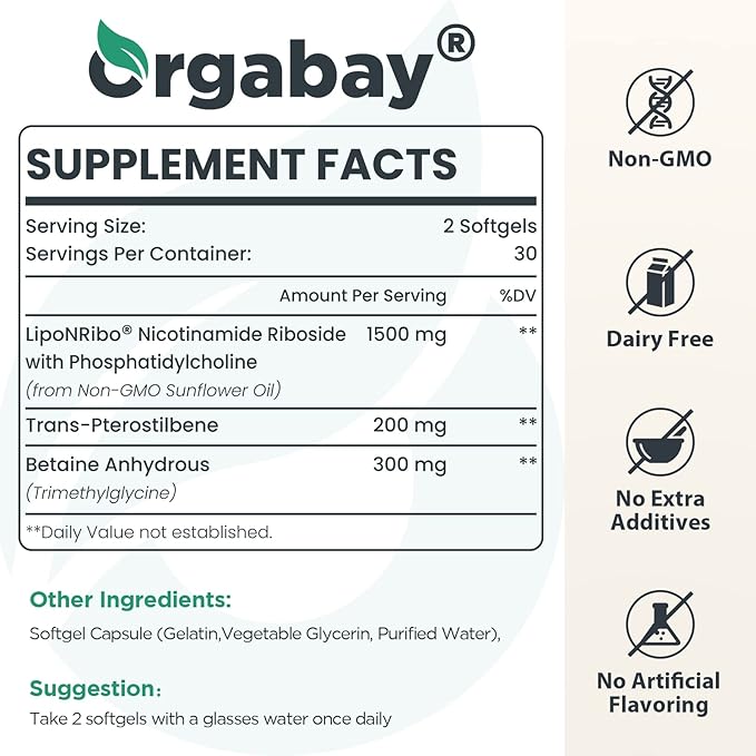 Orgabay Liposomal Nicotinamide Riboside 2000 MG with TMG and Pterostilbene, Boosting NAD+, Support Healthy Aging, 120 Count