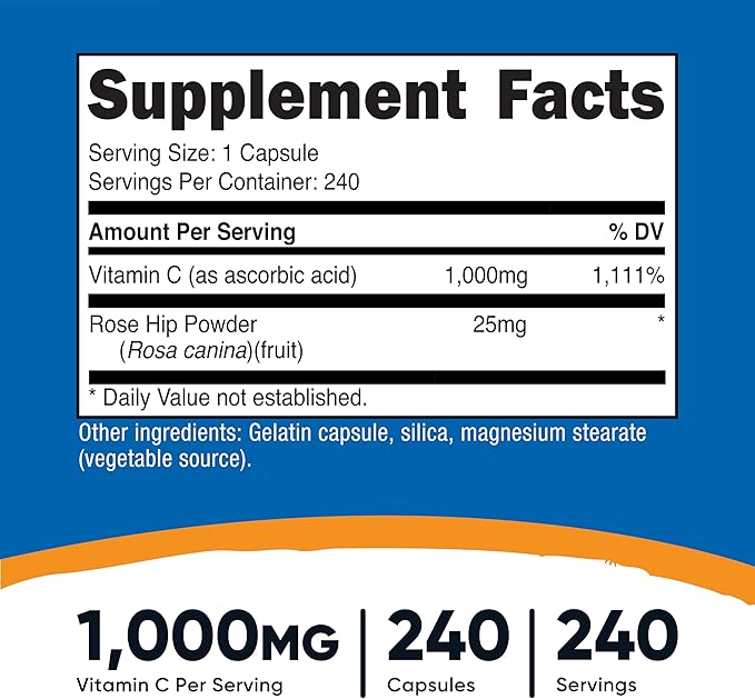Nutricost Vitamin C with Rose HIPS 1025mg, 240 Capsules - Vitamin C 1,000mg, Rose HIPS 25mg, Premium, Non-GMO, Gluten Free Supplement