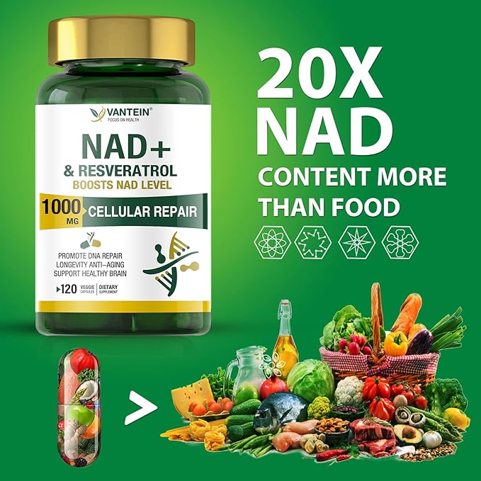 NAD+ & Resveratrol Supplement - NMN Alternative with 120 Capsules, Anti-Aging Cellular Support, Energy & Longevity Booster, DNA Repair Formula