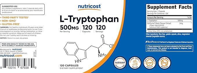 Nutricost L-Tryptophan 500mg, 120 Capsules - with BioPerine, Gluten Free, Non-GMO