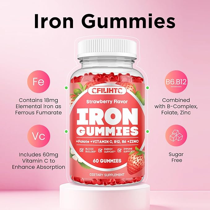 2 Pack Iron Gummies for Women & Men - Iron Supplement with Vitamin B6, B12, C, Zinc, Folate for Adults & Kids - Support Iron Deficiency, Anemia, Energy Boost, Blood Builder - Sugar Free Strawberry