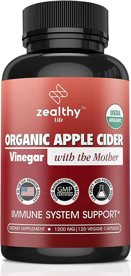 Organic Apple Cider Vinegar with The Mother – 1200mg Capsules for Optimal Wellness, Gluten-Free, Non-GMO, 120 Veggie Capsules – Zealthy Life