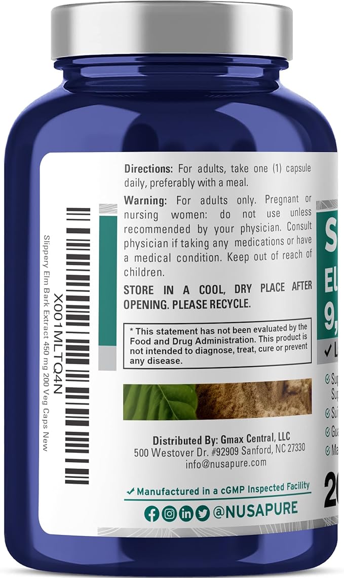 NusaPure Slippery Elm Bark 20:1 Extract, 450 mg Equivalent to 9,000mg 200 Veggie Capsules (Non-GMO, Vegan)