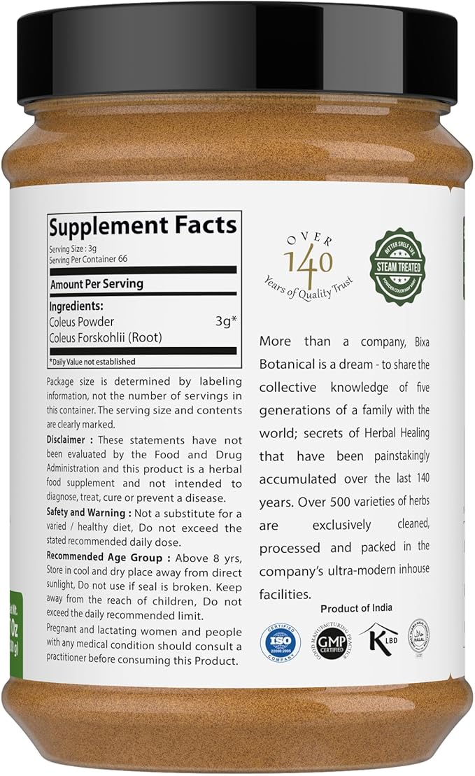 bixa BOTANICAL Coleus Forskohlii Root Powder | Forskolin-Rich Herb | Supports Wellness | 100% Pure & Natural, Lab-Tested, Vegan, Non-GMO, 140+ Years of Herbal Heritage, 200g / 7oz