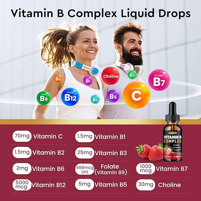 Vitamin B Complex Liquid Drops, B Vitamins Complex Supplement with B1, B2, B3, B5 B6, B7, B9 & Methyl B12 Drops for Adults & Kids, Vegan, Strawberry Flavor