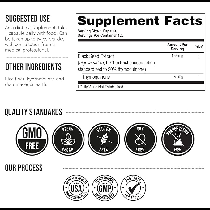 20% Thymoquinone Black Seed Oil Extract Capsules - TQ-Advanced 4X®: Potent Thymoquinone Concentration Available Concentrate from Nigella Sativa, Raw Form, Vegan, Glass Bottle (25 mg - 60 Capsules)