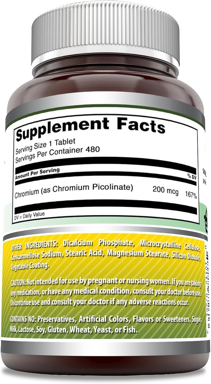Amazing Formulas Chromium Picolinate Supplement | 200 Mcg Per Serving | Tablets | Non-GMO | Gluten Free | Made in USA (480 Count)